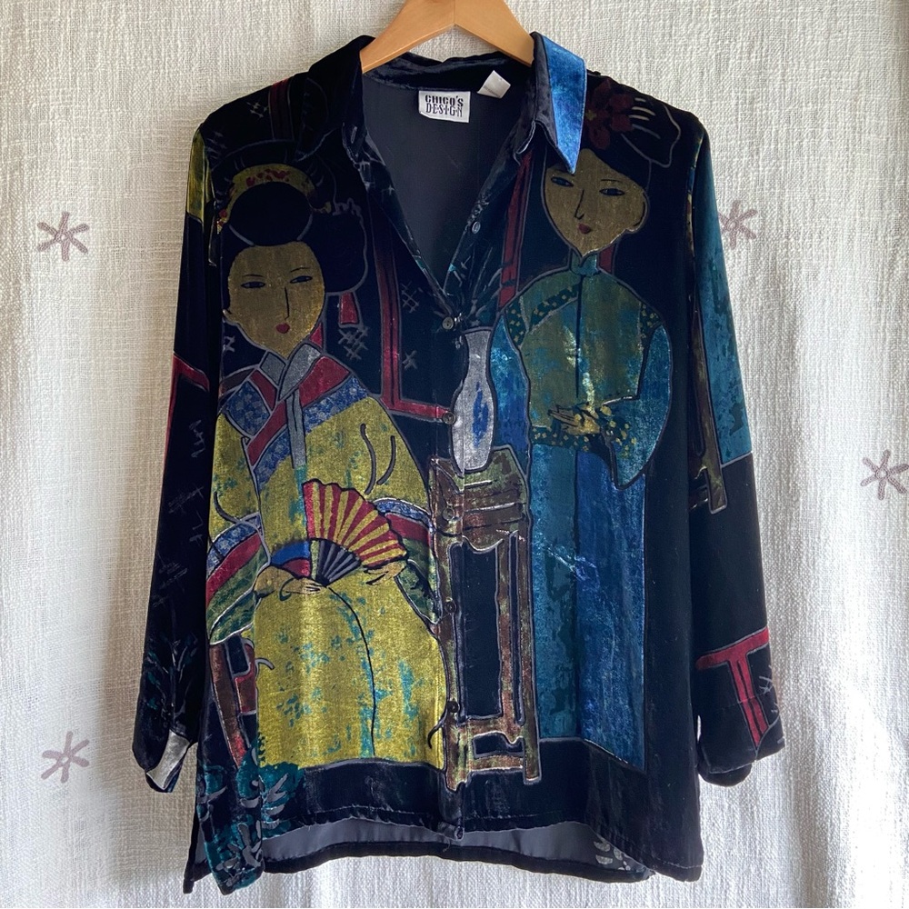 Chico's Design crushed velvet button up top 1/M/8/10 geisha silk wearable art